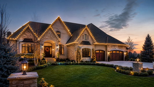 Warm white Christmas lights installed along a home roofline at dusk with evenly spaced clips.