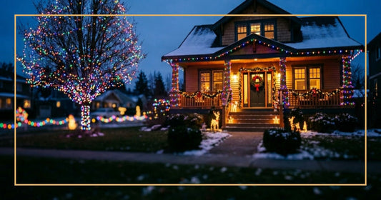 Creative Christmas light display with colorful LEDs on home and trees at twilight