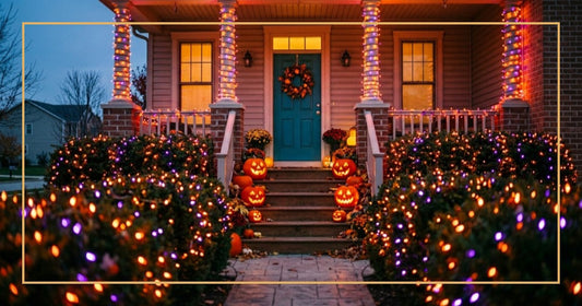 Halloween-decorated front porch at twilight with orange and purple LED novelty lights wrapped around columns and glowing jack-o-lanterns on the steps