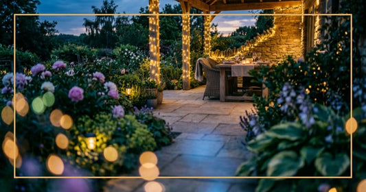 Patio decorated with outdoor LED lights wrapped around columns at dusk