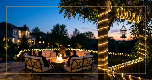Upscale outdoor patio at twilight with warm white LED lights wrapped around pergola posts and railings, cozy seating area with fire pit glowing in background