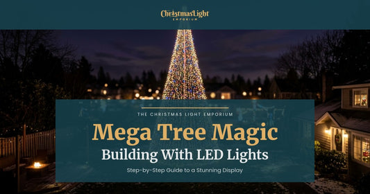 Title image of a glowing outdoor Christmas mega tree cone shape covered in colorful LED string lights at night. Image text reads: Mega Tree Magic / Building With LED Lights / Step-by-Step Guide to a Stunning Display