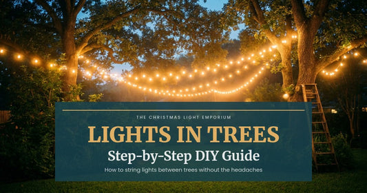 Title image of warm golden string lights strung between trees in a backyard at twilight. Image text reads: LIGHTS IN TREES / Step-by-Step DIY Guide / How to string lights between trees without the headaches