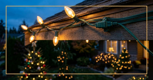Featured image of Christmas light wiring setup with glowing bulbs along a roofline at dusk