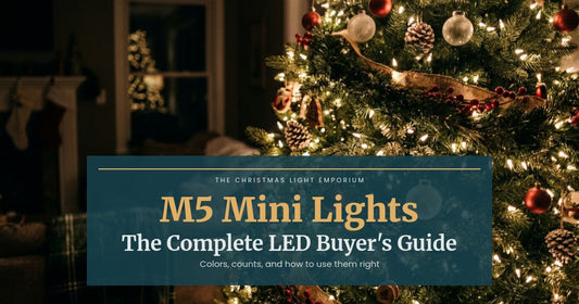 Title image of a beautifully decorated Christmas tree glowing with dense warm white LED mini lights at night. Image text reads: M5 Mini Lights / The Complete LED Buyer's Guide / Colors, counts, and how to use them right