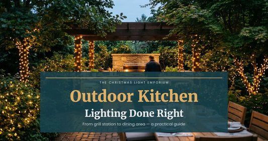 Title image of a stone outdoor kitchen with stainless steel grill at twilight, warm golden LED string lights wrapped around pergola posts and nearby trees.