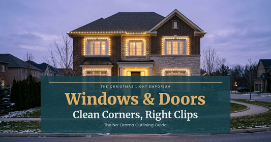 Title image of a home at twilight with warm white Christmas lights cleanly outlining windows and a front door. Image text reads: Windows & Doors / Clean Corners, Right Clips / The No-Drama Outlining Guide