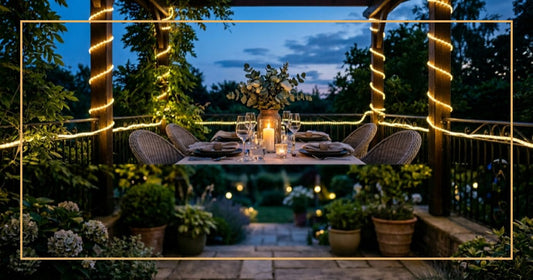 Ambient patio lighting for outdoor dining with warm white LEDs at twilight