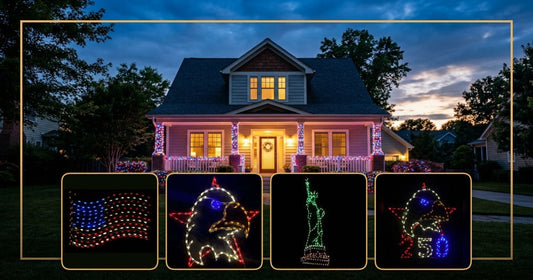 Patriotic wireframe light displays including American Flag, Eagle in Star, Statue of Liberty, and America 250 Eagle in Star — shown against a twilight suburban home.