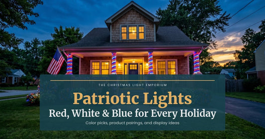 Title image of a suburban home at twilight with red, white, and blue LED lights wrapped around porch columns and bushes. Image text reads: Patriotic Lights / Red, White & Blue for Every Holiday / Color picks, product pairings, and display ideas