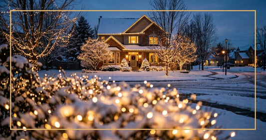 Energy-saving holiday lighting guide with LED-lit home at dusk and gold border frame