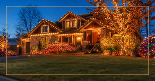 Suburban home at dusk with professional LED Christmas lights along roofline and bushes