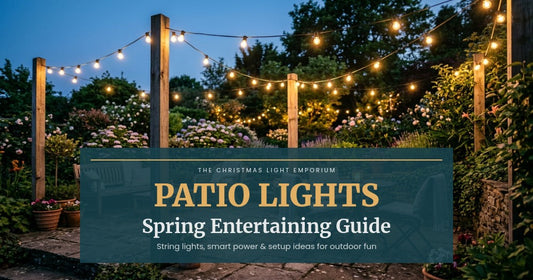 Title image of a cozy backyard patio at dusk with warm golden string lights strung overhead. Image text reads: PATIO LIGHTS / Spring Entertaining Guide / String lights, smart power & setup ideas for outdoor fun