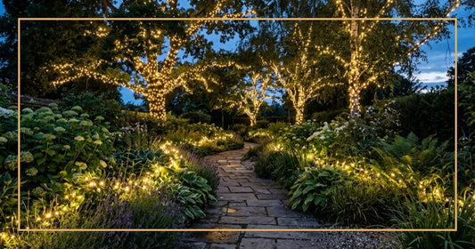 Elegant garden at dusk with warm white LED string lights wrapped around trees and garden border plants along a stone pathway