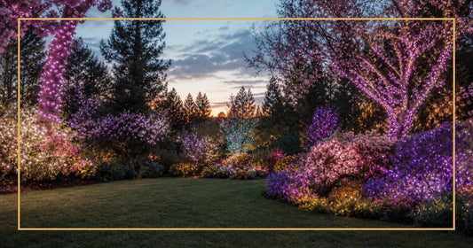 Spring garden at dusk with pastel pink, purple, teal and white LED string lights glowing in trees and shrubs