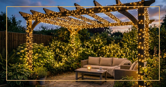 Inviting backyard patio at dusk with warm white LED lights wrapped around a wooden pergola and through garden shrubs