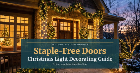Title image of a front door at twilight with warm white LED Christmas lights and garland. Image text reads: Staple-Free Doors / Christmas Light Decorating Guide / Protect Your Trim. Keep the Glow.