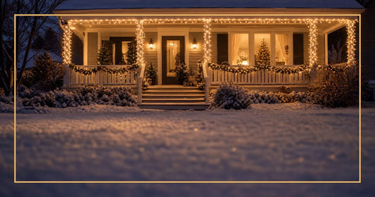 Starting a Christmas light tradition with a warmly lit family home at dusk