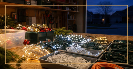 Start planning your Christmas light display early - organized supplies at dusk