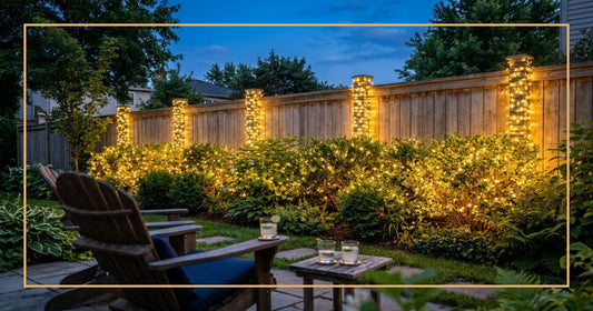 Suburban backyard patio at twilight with warm white LED Christmas lights wound through garden shrubs and wrapped around wooden fence posts, golden glow at dusk