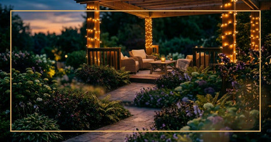 Summer patio with warm white LED lights on railings at twilight