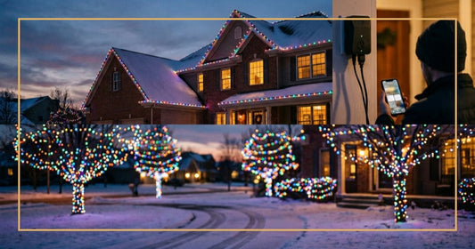 Suburban home at twilight with LED Christmas lights tracing the roofline and wrapped around front yard trees, smart timer controller visible near an outdoor outlet
