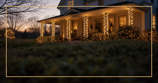 Home at twilight with warm white twinkling Christmas lights wrapped around porch columns and bushes