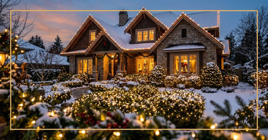 Beautifully decorated home at twilight showing multiple types of Christmas lights on roofline and bushes