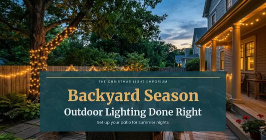 Title image of a cozy backyard patio at dusk with warm string lights glowing on tree trunks, shrubs, and porch railings. Image text reads: Backyard Season / Outdoor Lighting Done Right / Set up your patio for summer nights