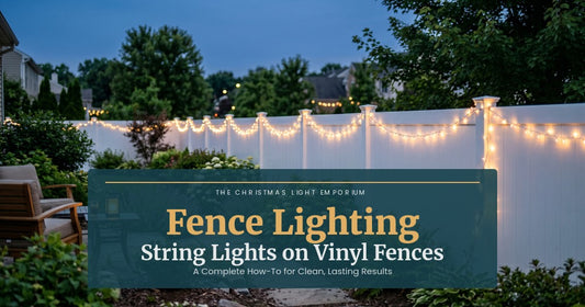 Title image of warm white LED string lights wrapped along a white vinyl fence at twilight in a residential backyard. Image text reads: Fence Lighting / String Lights on Vinyl Fences / A Complete How-To for Clean, Lasting Results