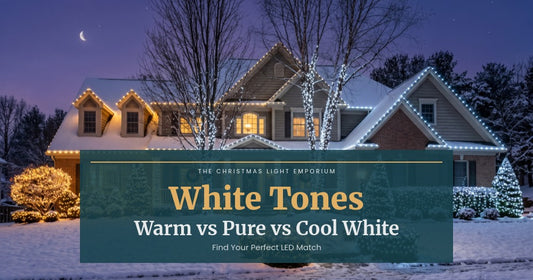 Title image of a suburban home at twilight with three sections showing warm white, pure white, and cool white LED Christmas lights for comparison. Image text reads: White Tones / Warm vs Pure vs Cool White / Find Your Perfect LED Match