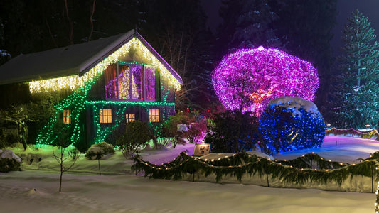 Snowy house with outdoor Christmas lights glowing in wet winter weather