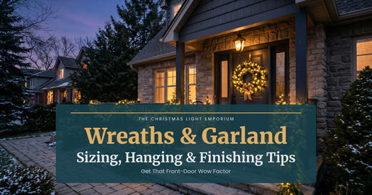 Title image of a home entrance at twilight with a pre-lit wreath on the door and lit garland along the porch railing, warm white glow. Image text reads: Wreaths & Garland / Sizing, Hanging & Finishing Tips / Get That Front-Door Wow Factor