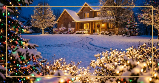 Yard display with LED Christmas lights on bushes and roofline at twilight