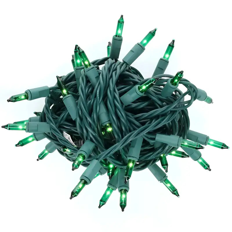 100 Green Incandescent Mini Lights Green Wire 4’’ Spacing [CLOSEOUT] - Christmas Lights