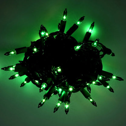 100 Green Incandescent Mini Lights Green Wire 4’’ Spacing [CLOSEOUT] - Christmas Lights