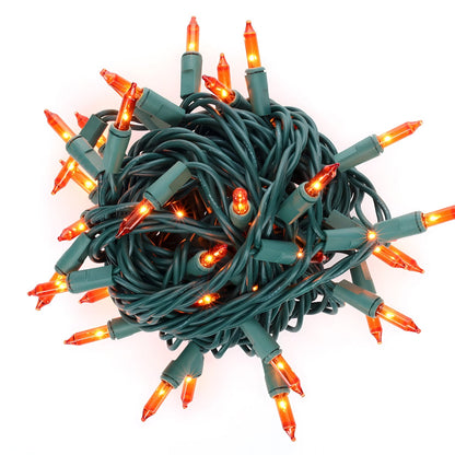 100 Orange Incandescent Mini Lights Green Wire 4’’ Spacing [CLOSEOUT] - Christmas Lights