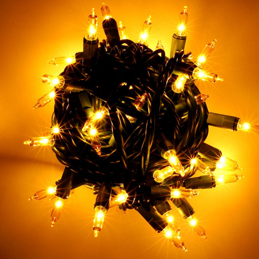 100 Yellow Incandescent Mini Lights Green Wire 4’’ Spacing [CLOSEOUT] - Christmas Lights