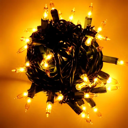 100 Yellow Incandescent Mini Lights Green Wire 4’’ Spacing [CLOSEOUT] - Christmas Lights