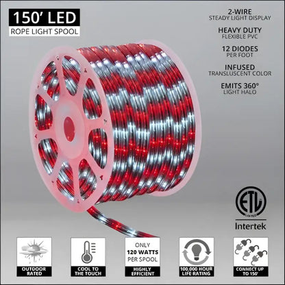 150’ Cool White and Red LED Rope Light 2 Wire 1/2’’ 120 Volt - Christmas Lights