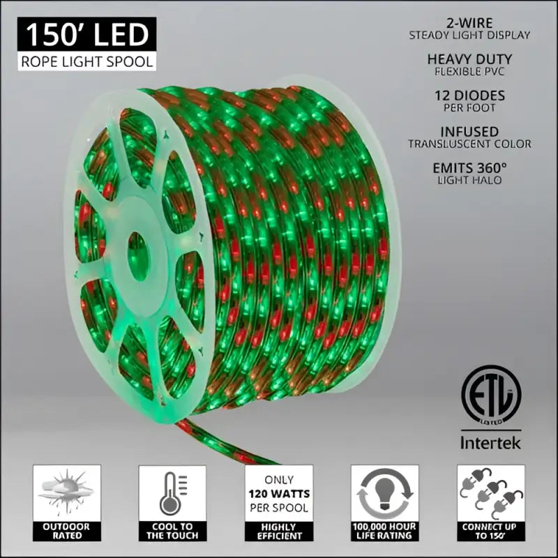 150’ Green and Red LED Rope Light 2 Wire 1/2’’ 120 Volt - Christmas Lights