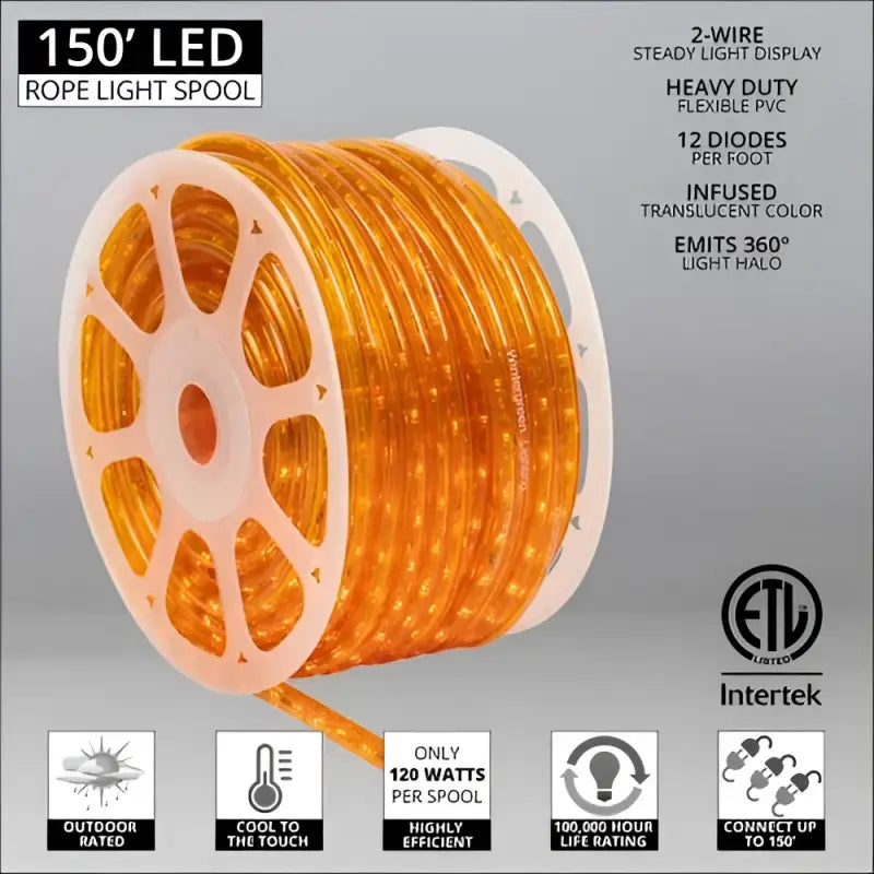 150’ Orange LED Rope Light 2 Wire 1/2’’ 120 Volt - Christmas Lights