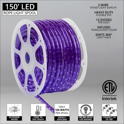 150’ Purple LED Rope Light 2 Wire 1/2’’ 120 Volt - Christmas Lights