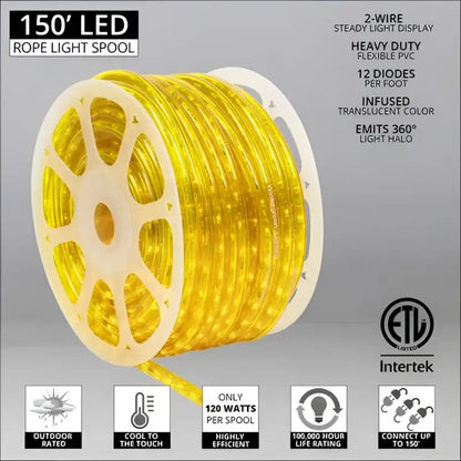 150’ Yellow LED Rope Light 2 Wire 1/2’’ 120 Volt - Christmas Lights