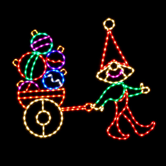 Elf with Cart of Ornaments — Lighted Outdoor Christmas Display