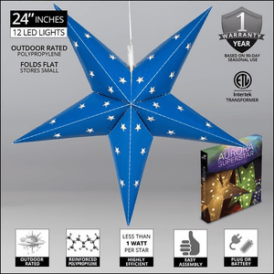 24" Fold Flat 5 Point Aurora Superstar LED Star, Outdoor Rated, Blue Christmas Decorations Wintergreen Corporation