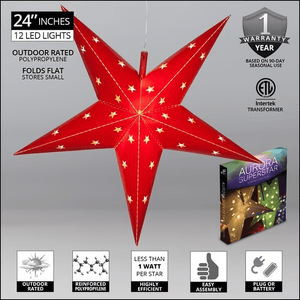 24" Fold Flat 5 Point Aurora Superstar LED Star, Outdoor Rated, Red Christmas Decorations Wintergreen Corporation