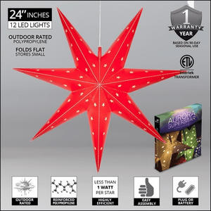24" Fold Flat 7 Point Aurora Superstar LED Star, Outdoor Rated, Red Christmas Decorations Wintergreen Corporation