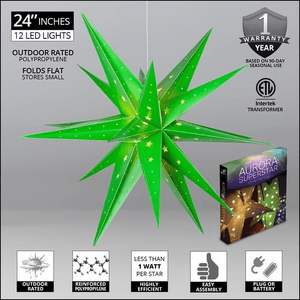 24" Fold Flat Aurora Superstar LED Moravian Star, Outdoor Rated, Green Christmas Decorations Wintergreen Corporation