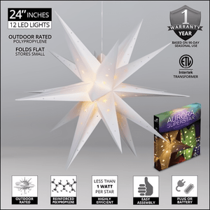 24" Fold Flat Aurora Superstar LED Moravian Star, Outdoor Rated, White Christmas Decorations Wintergreen Corporation